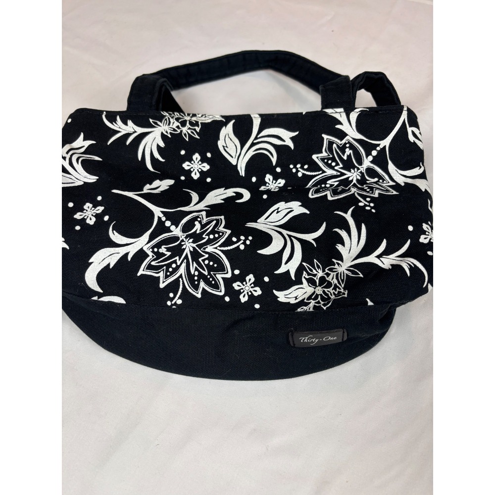 Thirty-One Canvas Tote Bag Black White Floral Print Handbag Small Shoulder Bag